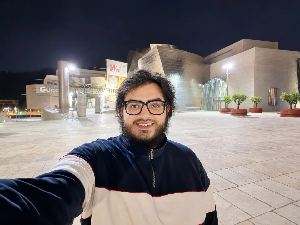 Raafay Siddiqui outside the Guggenheim museum in Bilbao at night